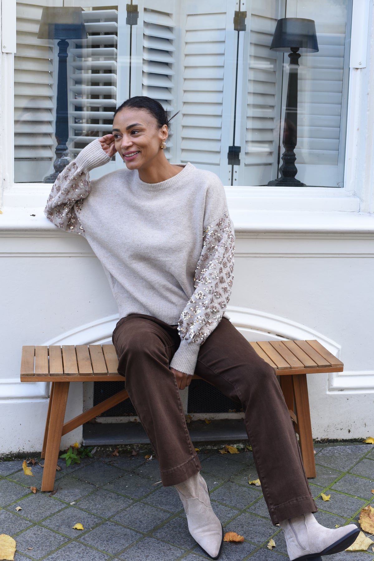 Festy trui beige stijlinspiratie