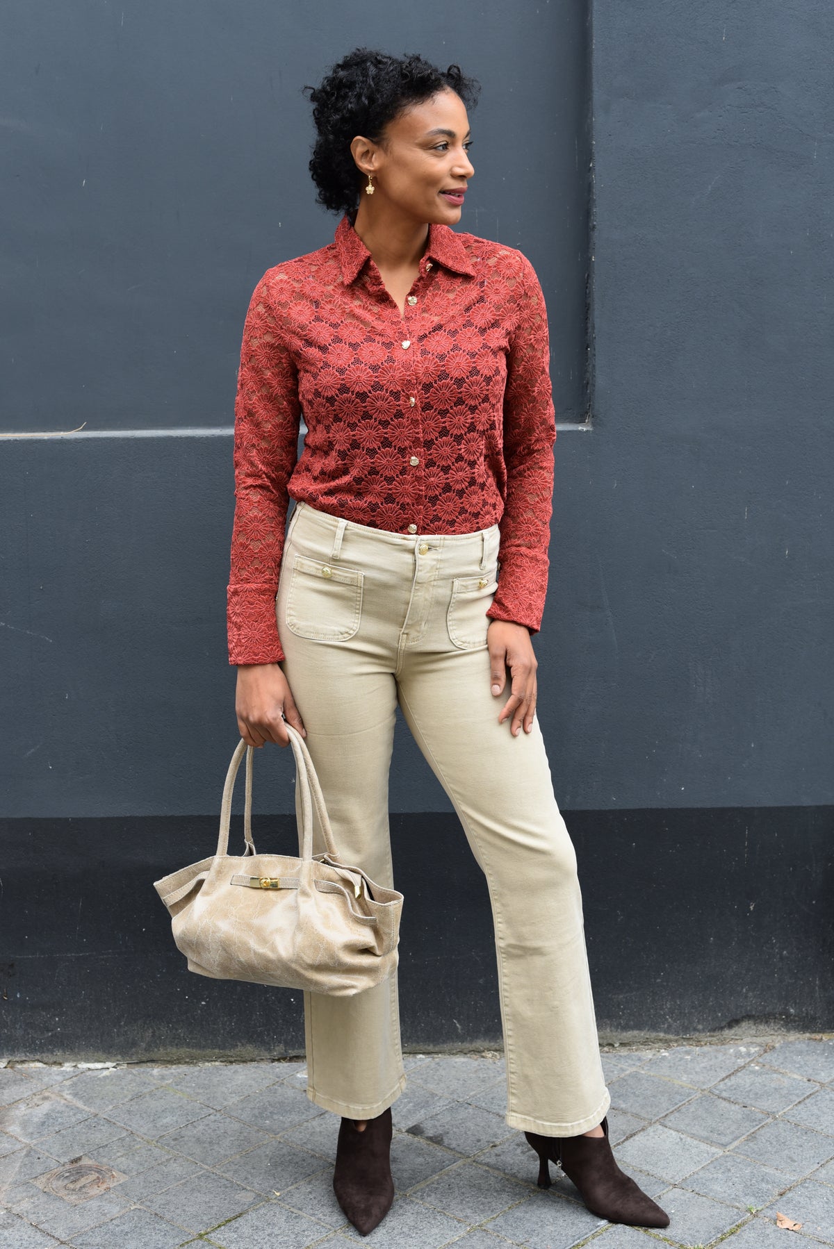 Calista high waist jeans beige - dames stretch jeans - Mela