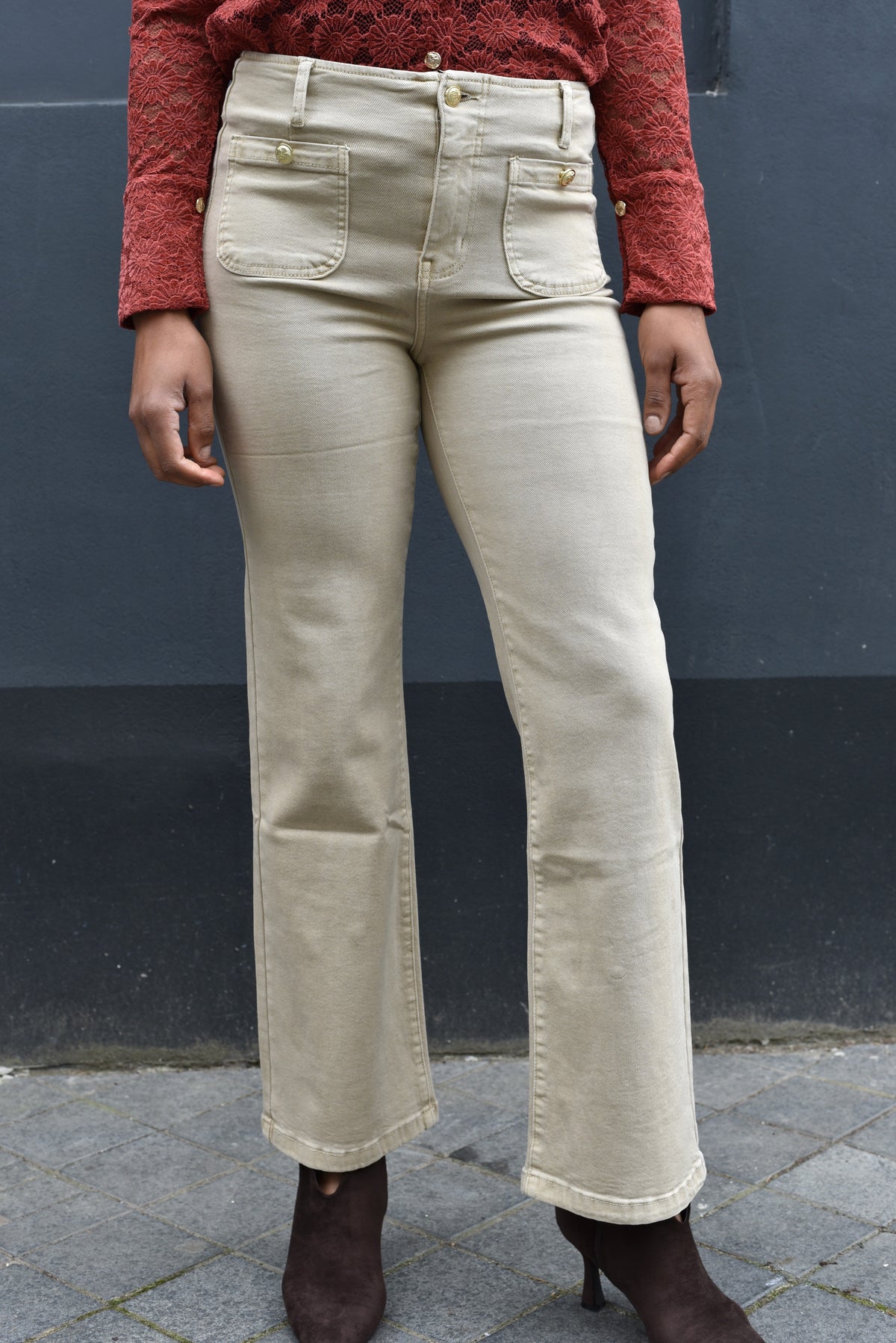 Calista high waist jeans beige - dames stretch jeans - Mela