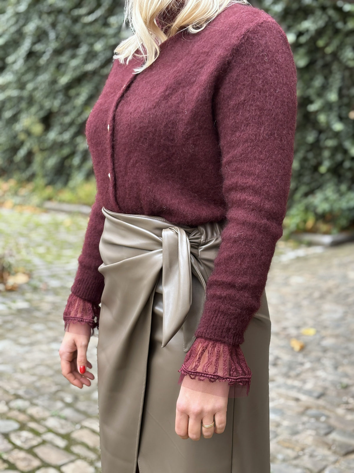 Strik Lederlook Wikkelrok in Kaki