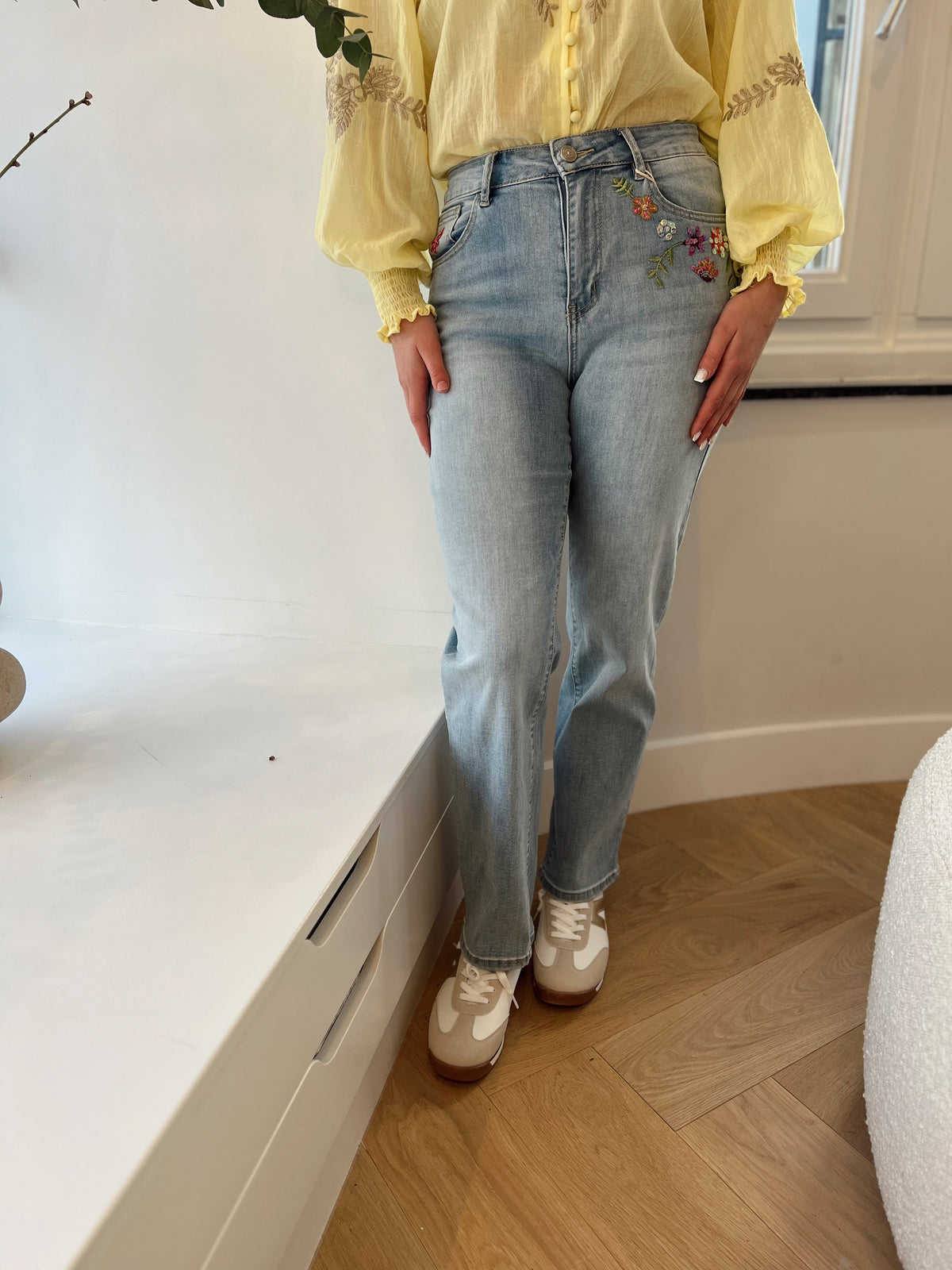 Floral stitch denim