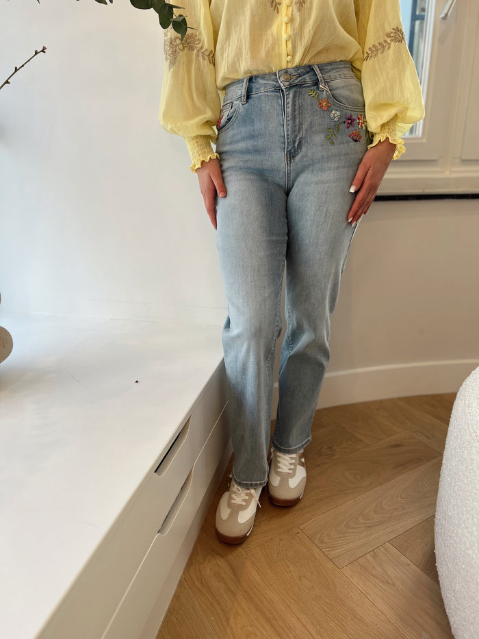 Floral stitch denim