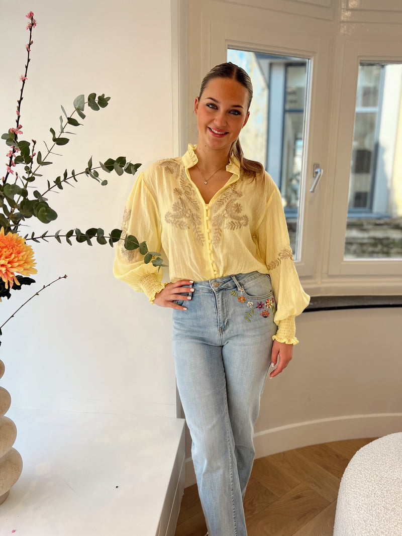 Floral stitch denim