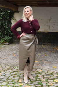 Strik Lederlook Wikkelrok in Kaki