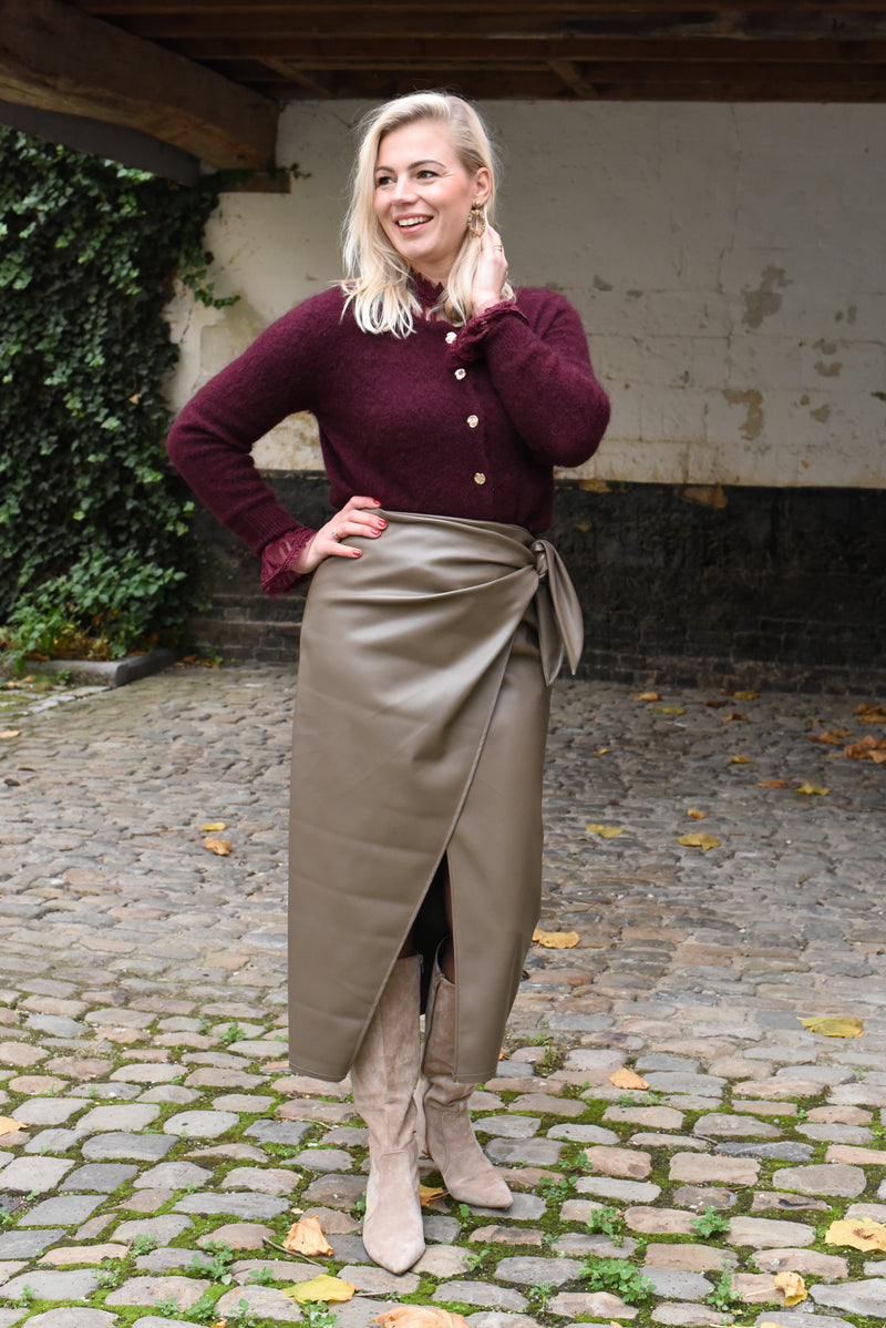 Strik Lederlook Wikkelrok in Kaki