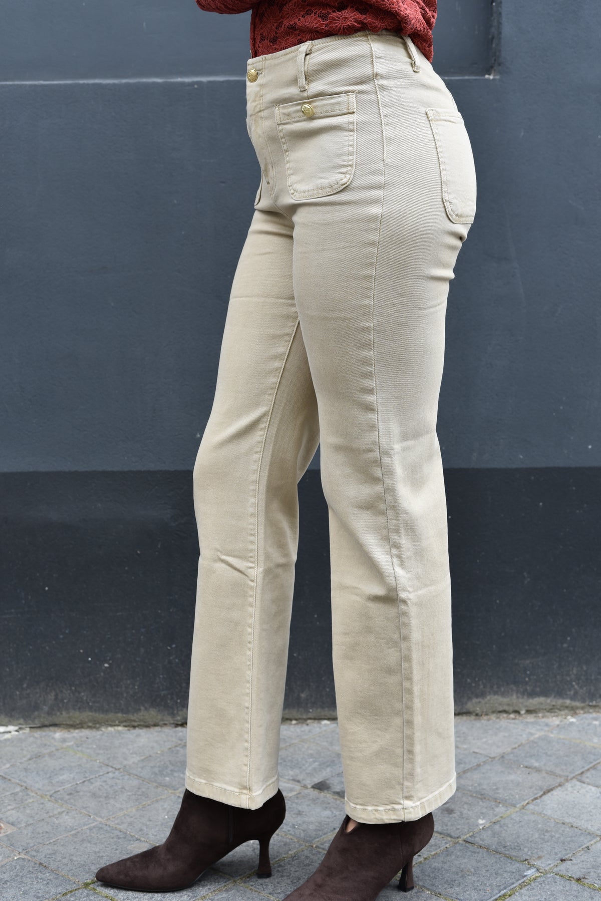 Calista high waist jeans beige - dames stretch jeans - Mela