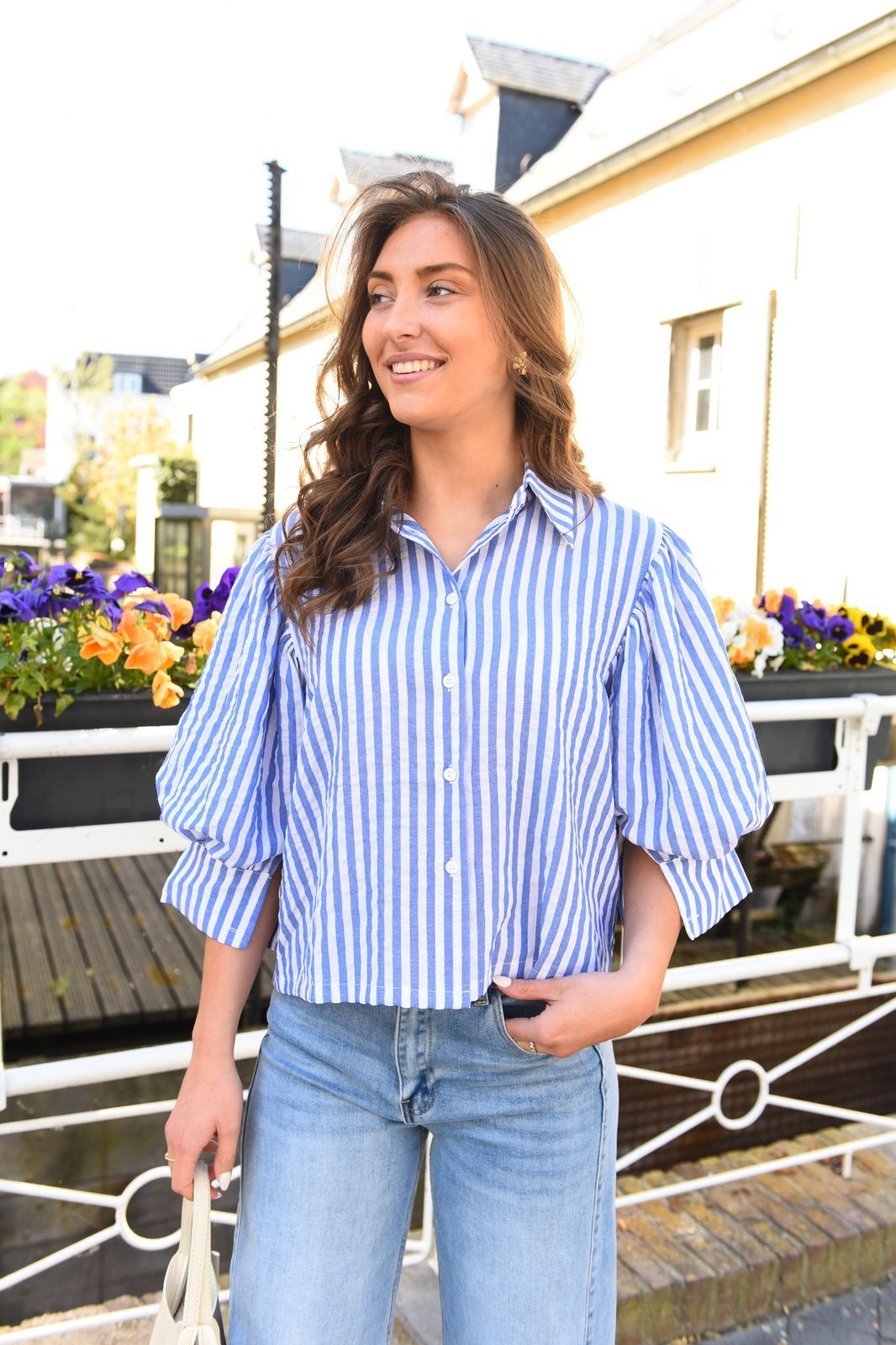 Lotte gestreepte blouse met pofmouwen 100% Katoen
